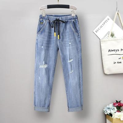Thin Section of Broken Holes Small-legged Jeans Large Size Jeans Women High Waist Stretch Nine-minute Pants Small Leg Pants Fall Models Increased