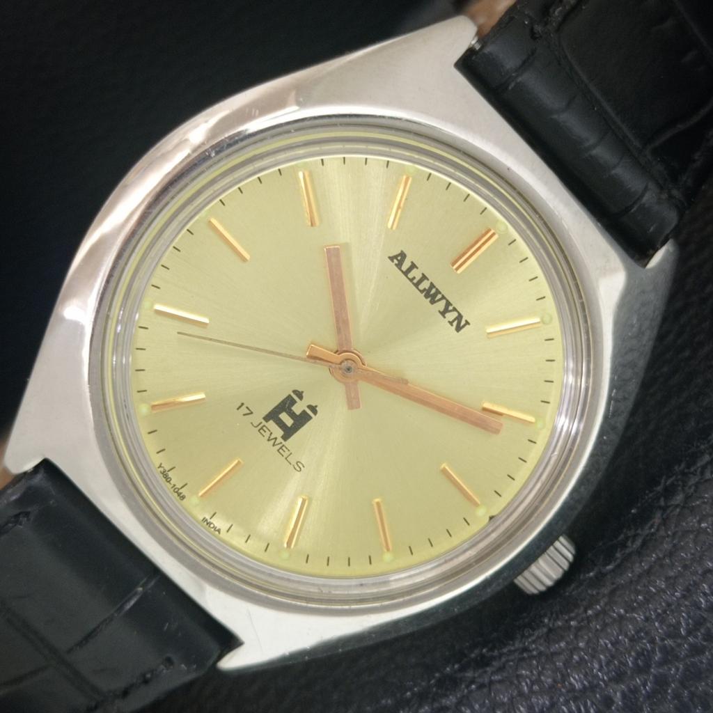 

VINTAGE ALLWYN HAND-WINDING 6300A INDIAN MENS GOLDEN COLOR DIAL WATCH a703968-1