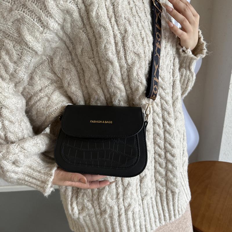 Simple PU Leather Saddle Shoulder Bags Solid Color Crossbody Bag Wide Strap Flap Purse and Handbag For Women Girls AVE