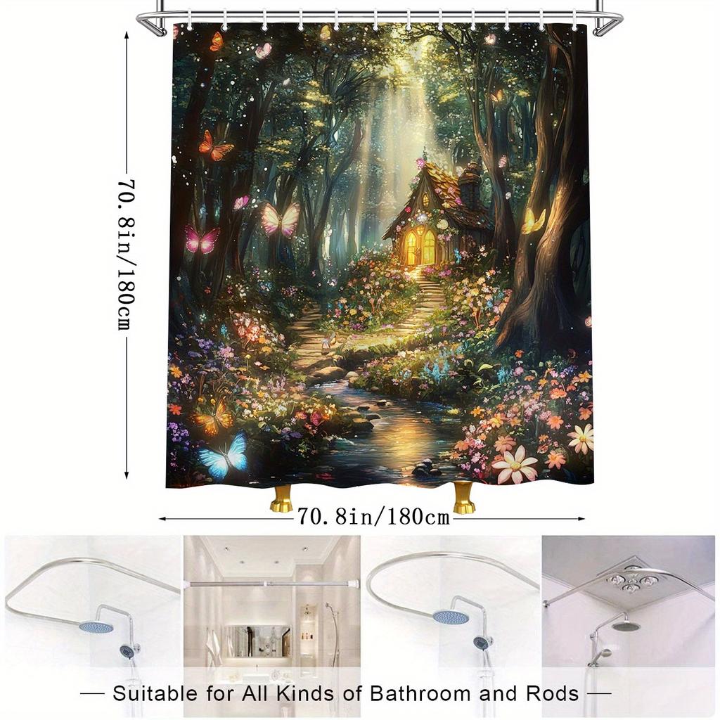 Enchanted Forest Fantasy Shower Curtain - Multicolored Butterflies & Flowers, Rustic Cottage Design, Polyester
