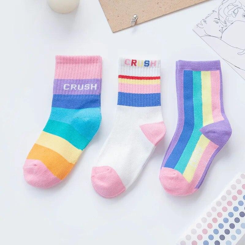 

3 пары разноцветных полосатых носков, носки для маленьких девочек, зимние мягкие детские зимние ботинки для мальчиков, носки до середины икры, весна, лето, осень XL20-22cm