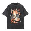 Funny Japanese Cat Washed Vintage T-shirt Men Women Clothing Casual Humor Harajuku Short Sleeve T-shirts Unisex Retro Streetwear