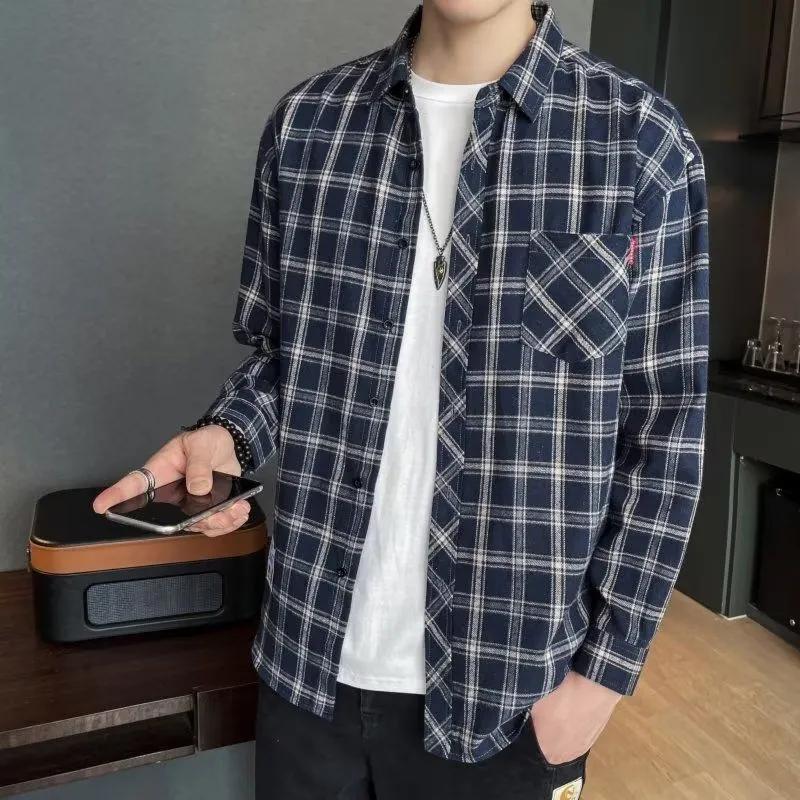 Spring Autumn Men's Long-sleeved Lapel Plaid Shirt Men's Versatile Retro Casual Shirt Blouse Jacket Men's Striped Plaid Shirt