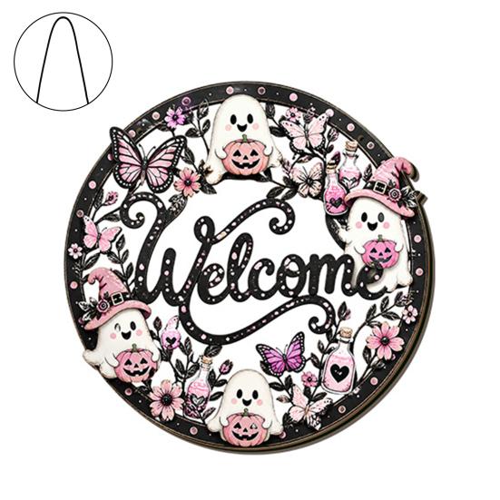 Durable Door Sign for Porch Halloween Pumpkin Ghost Wooden Welcome Hanger Sign, Cute Wall Ornament with Bell Front Hanging Rope, Decor Indoor Outdoor