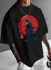 Unisex White Tee Japanese Samurai Red Ink Circle Art Print Crew Neck Short Sleeve Summer Casual Male Cotton Street Daily Top