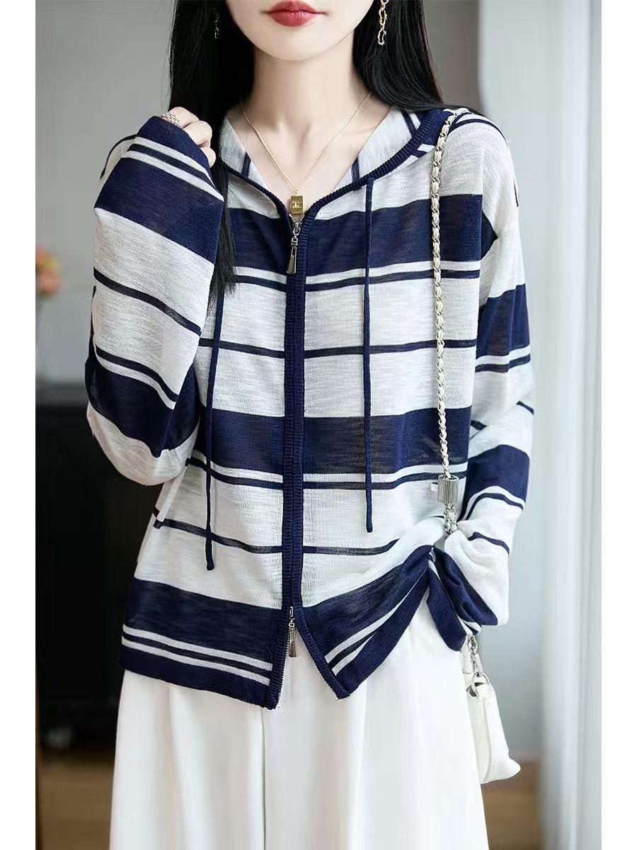 

Women s Autumn Korean Striped Bamboo Linen Hooded Cardigan - Loose, Slimming Design Extra Large