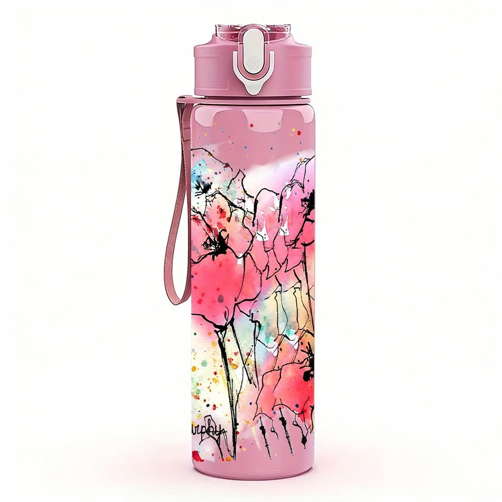 1PC Abstract Pink Splash Paint 750ml Color Plastic Sports Water Bottle Leakproof Flip Straw Lid Suitable for Sports Office Home Use