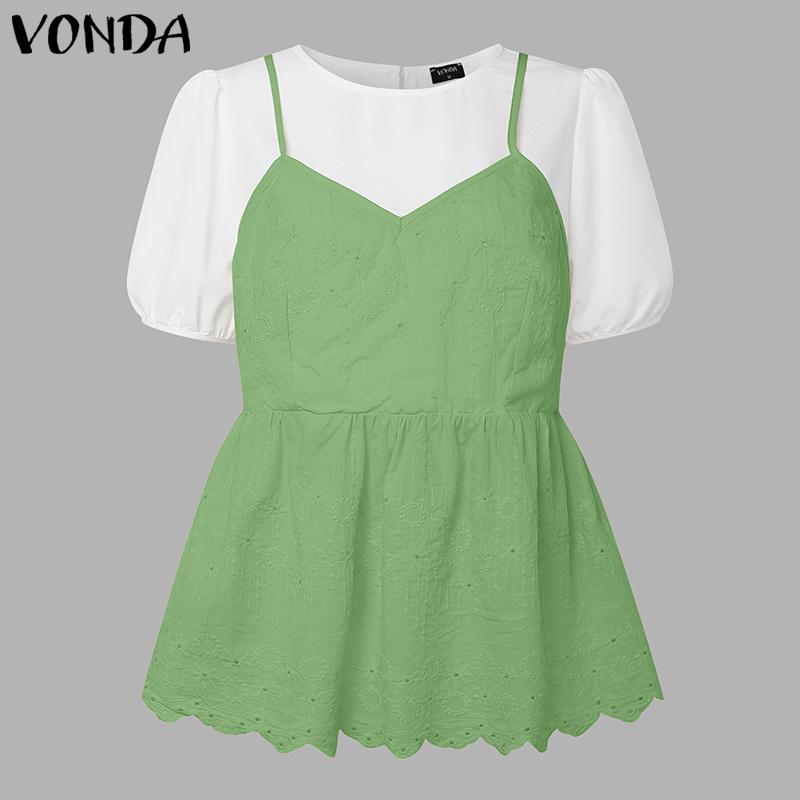 

VONDA Women Short Sleeve Front Crochet Patchwork Fake Two Pieces Blouse 5XL зелёный
