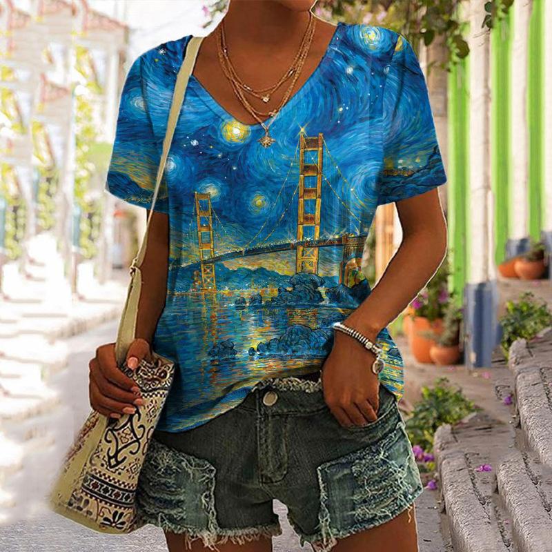 Damski T-shirt z dekoltem w serek i krótkim rękawem Letnia odzież modowa Top z nadrukiem kota Casualowy luźny T-shirt z krótkim rękawem Odzież damska