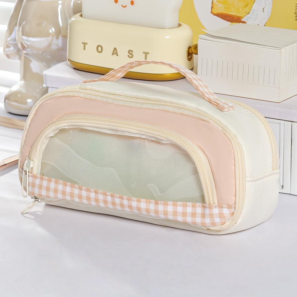 Cute Checkered Window Pencil Case with Handle Multilayer Large Capacity Storage Pouch Contrast Color Design Multi-Function A3224