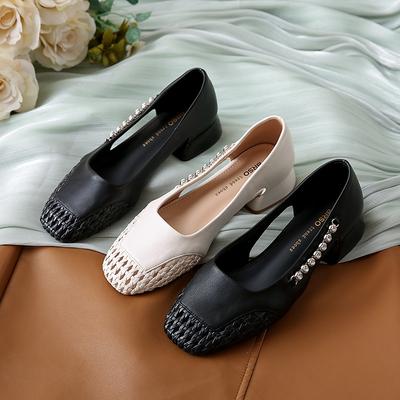 Beibei Women's Summer New Bag Head Hollow Breathable Middle Heel Thick Heel Fashionable Versatile Woven Light Mouth Single Shoes
