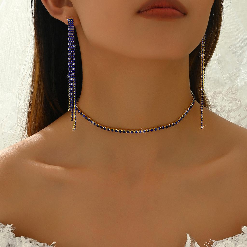 3PC Women's Water Zircon Fashion Tassel Necklace Earrings Zircon Set Wedding Party Festival Gift