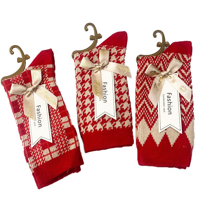 Mid-calf Socks, Red Socks, Wedding, Autumn and Winter Vintage Cotton Pile Socks, Breathable