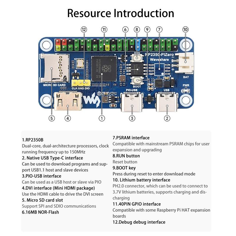 1PC Raspberry Pi Pico Development Board RP2350B Base 16M Flash DVI PIO-USB Interface Microcontroller For Electronics Projects