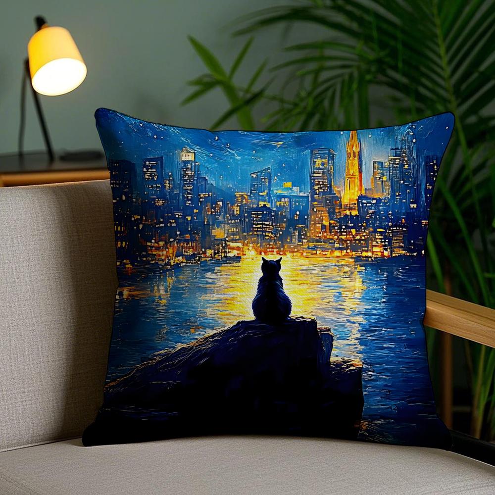Black Cat Cushion Cover Soft Short Plush Double-Sided Printing Home Decor Machine Washable Pillow Case Gift