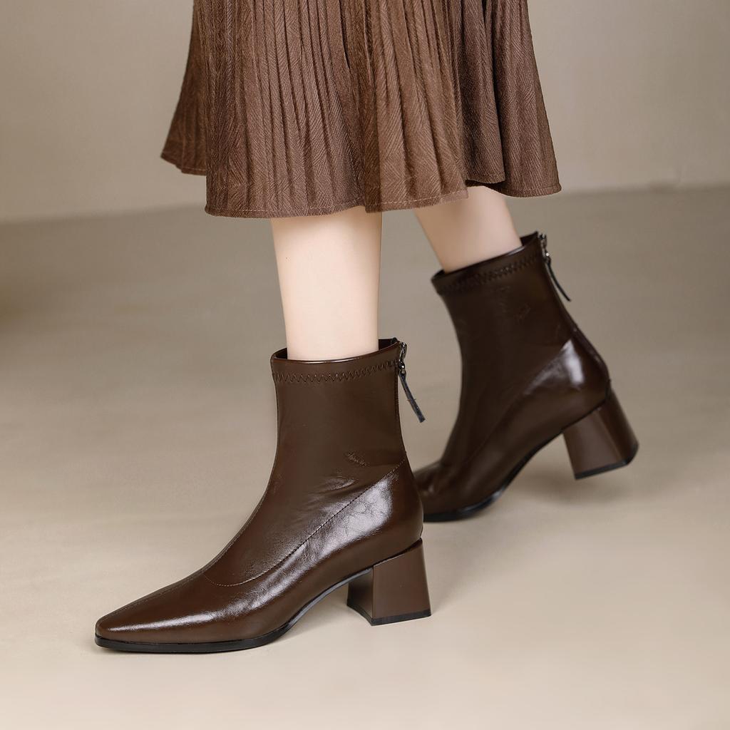 Dicke Ferse kurze Stiefel Damen 2025 neu Winter Damen Schuhe spitz mittelhoch dünne Stiefel französische braune Stiefel Damen mittelhohe Stiefel