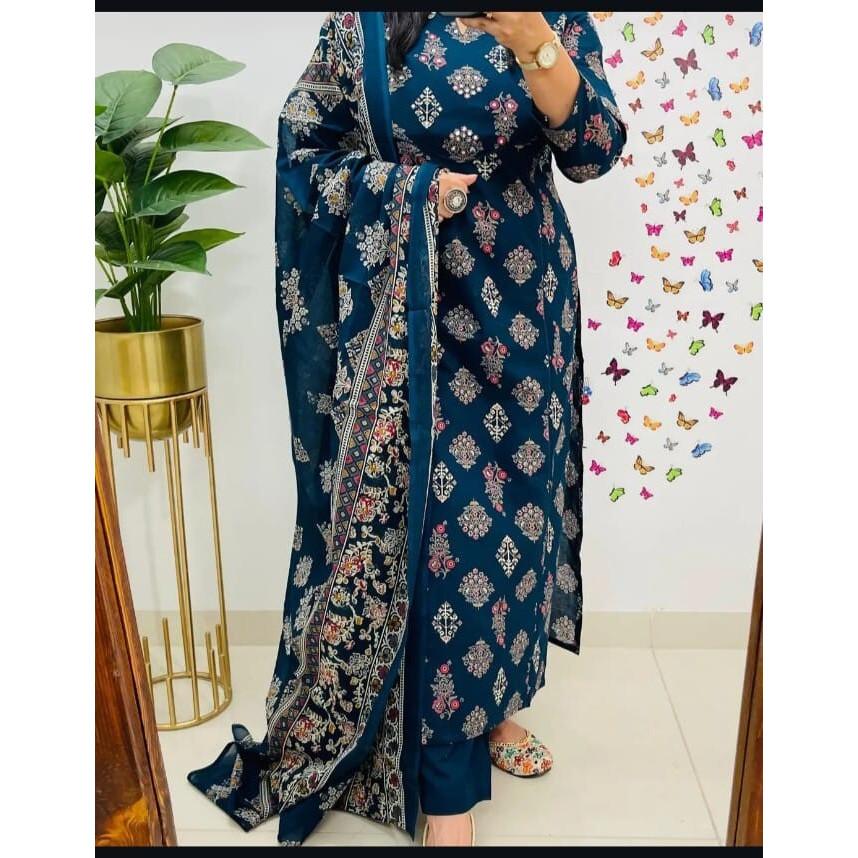 Set Kurta Pant Dupatta in Cotone Designer Indiano Donna Bollywood Top Tunica Kurti VFP-1873a