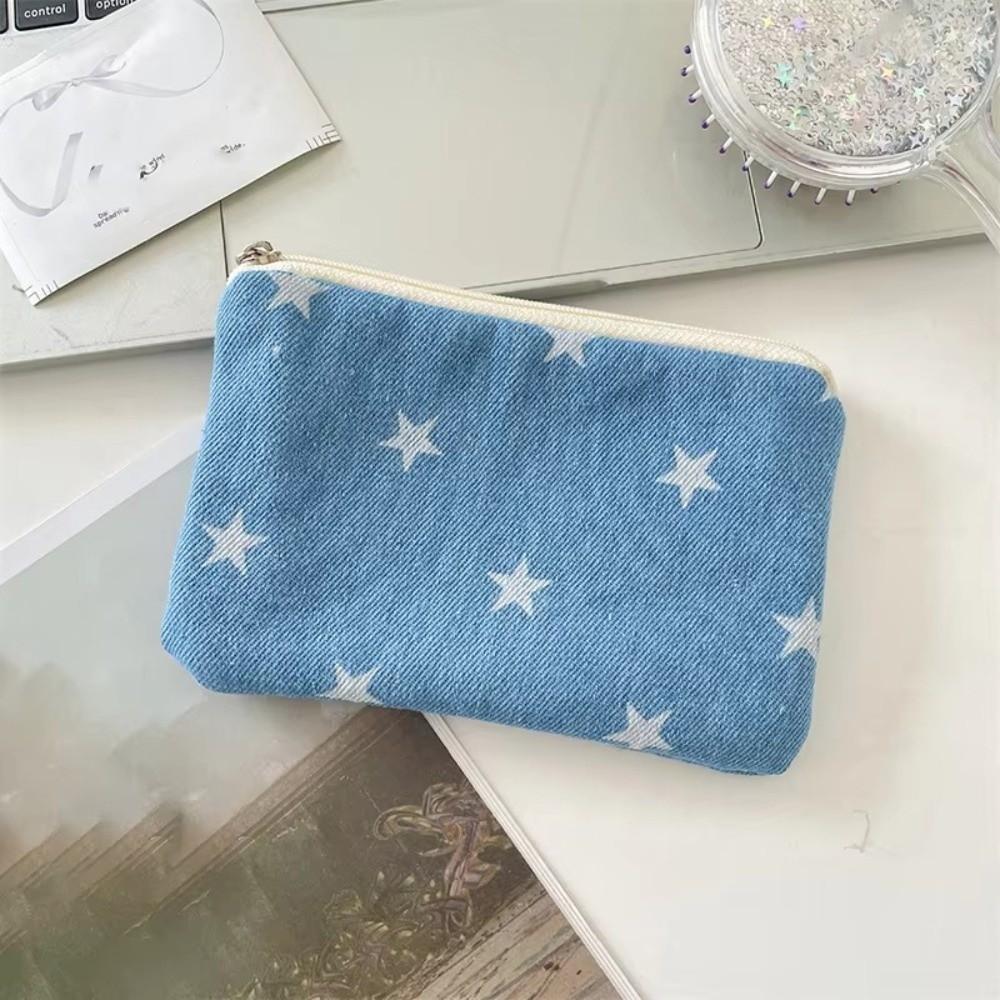 Cute Star Print Coin Purse Denim Ultralight Lipstick Earphone Storage Bag with Zipper Small Coin Wallet