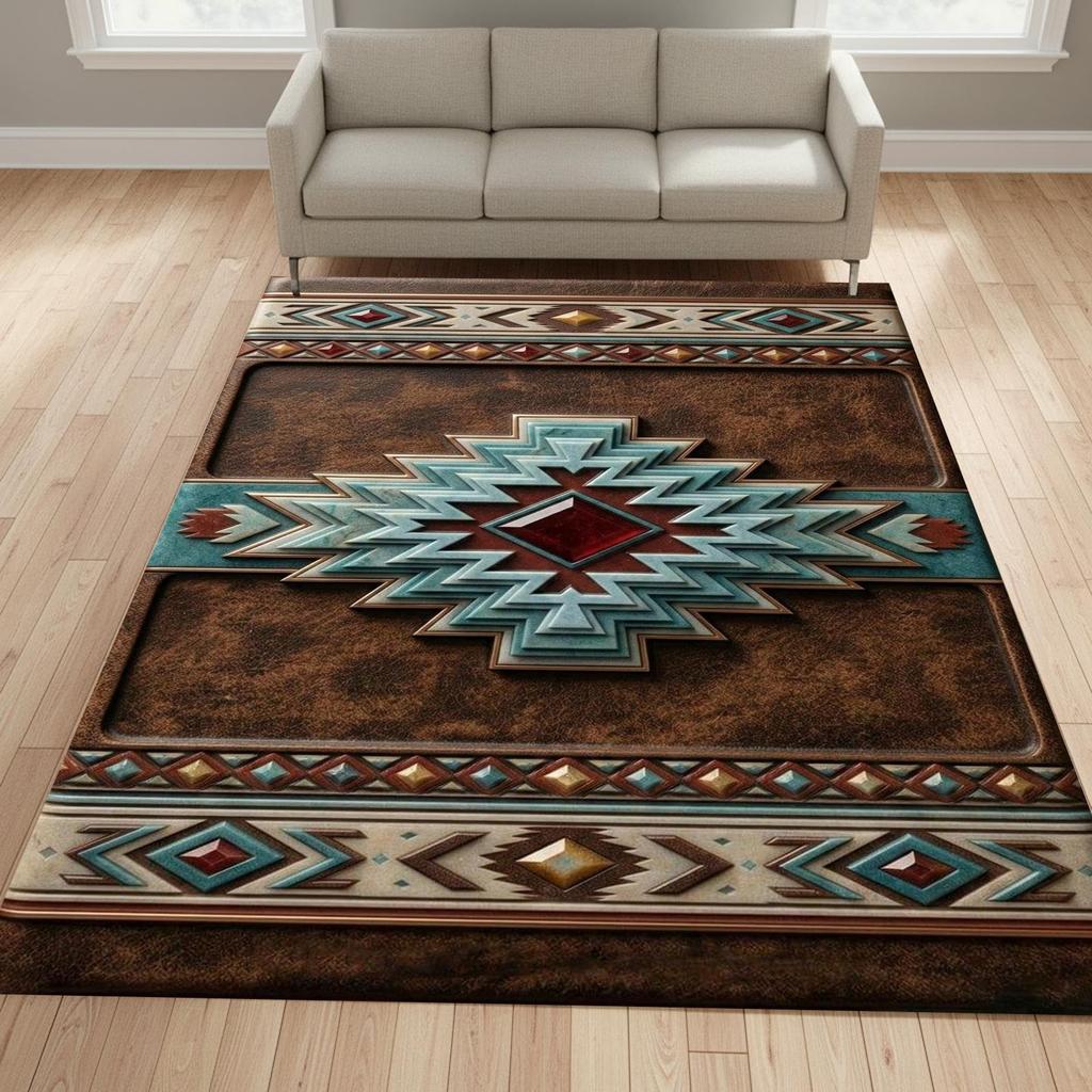 Tappeto a tema ispirato ai nativi americani, Mandala tribale e Tappetino antiscivolo geometrico per camera da letto, soggiorno, Tappeto decorativo rustico