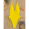 Fashion Solid Deep V Neck One Piece Swimsuit Women Yellow White Hollow Out Pleate Swimwear Beach Bandage Bathing Suit Monokini