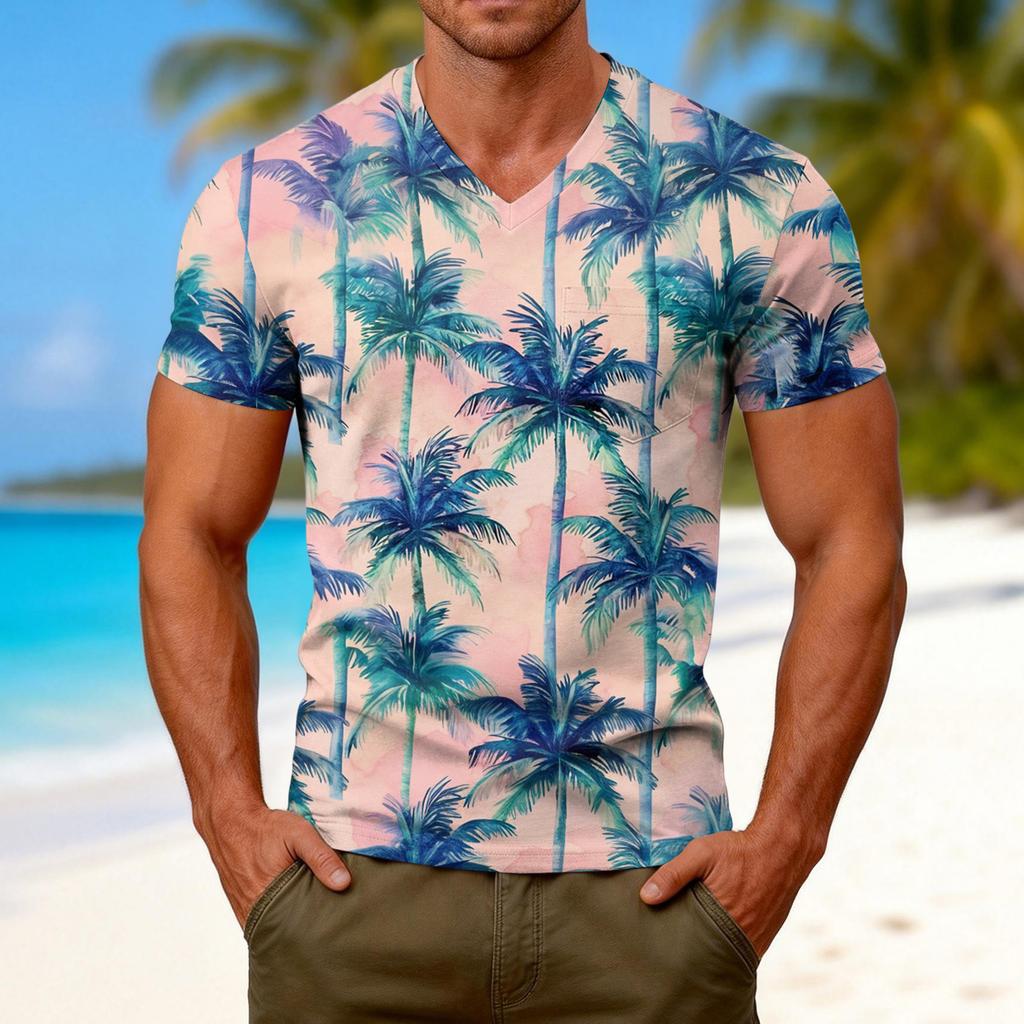 T-shirt da uomo alla moda con stampa, scollo a V, maniche corte