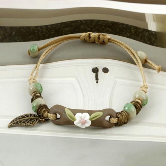 Fashion Women Flower Leaf Porcelain Charm Woven Bracelet Adjustable Jewelry Gift