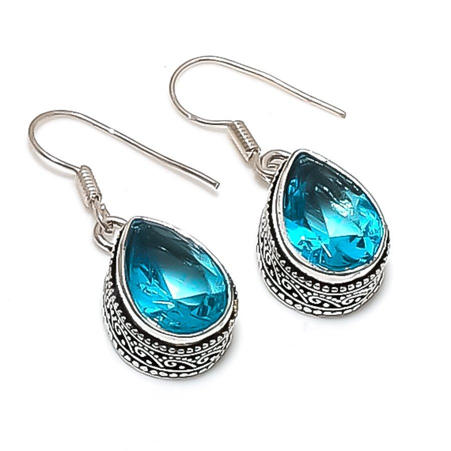 Natural Swiss Blue Topaz Gemstone 925 Sterling Silver Jewelry Earring 1.38" O0j20