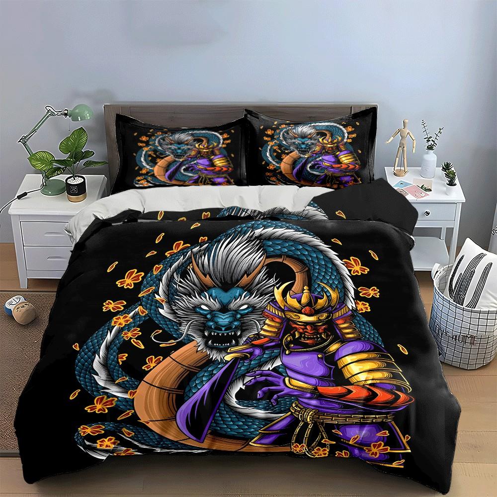Samurai And Dragon Artistic Set: Suitable For Apparel Exquisite Three-Piece Bedding Set Gift For Kids And Adults
