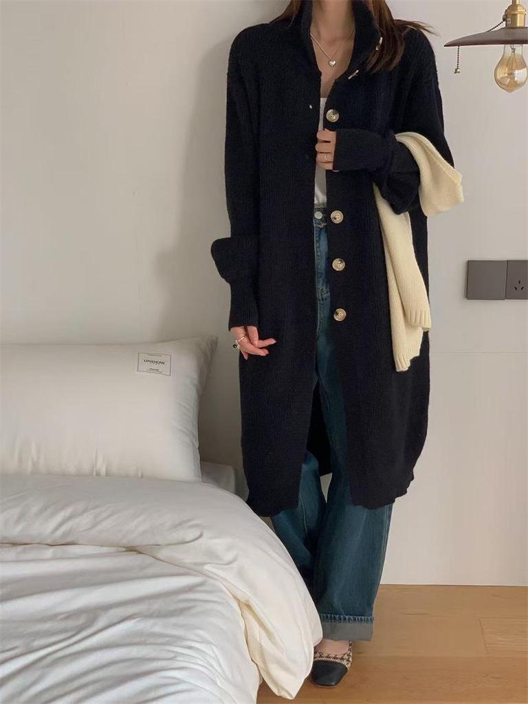 Strickjacke mit hohem Kragen und mittellanger Länge für Damen - 2025 Herbst/Winter Schlank machender Pullovermantel