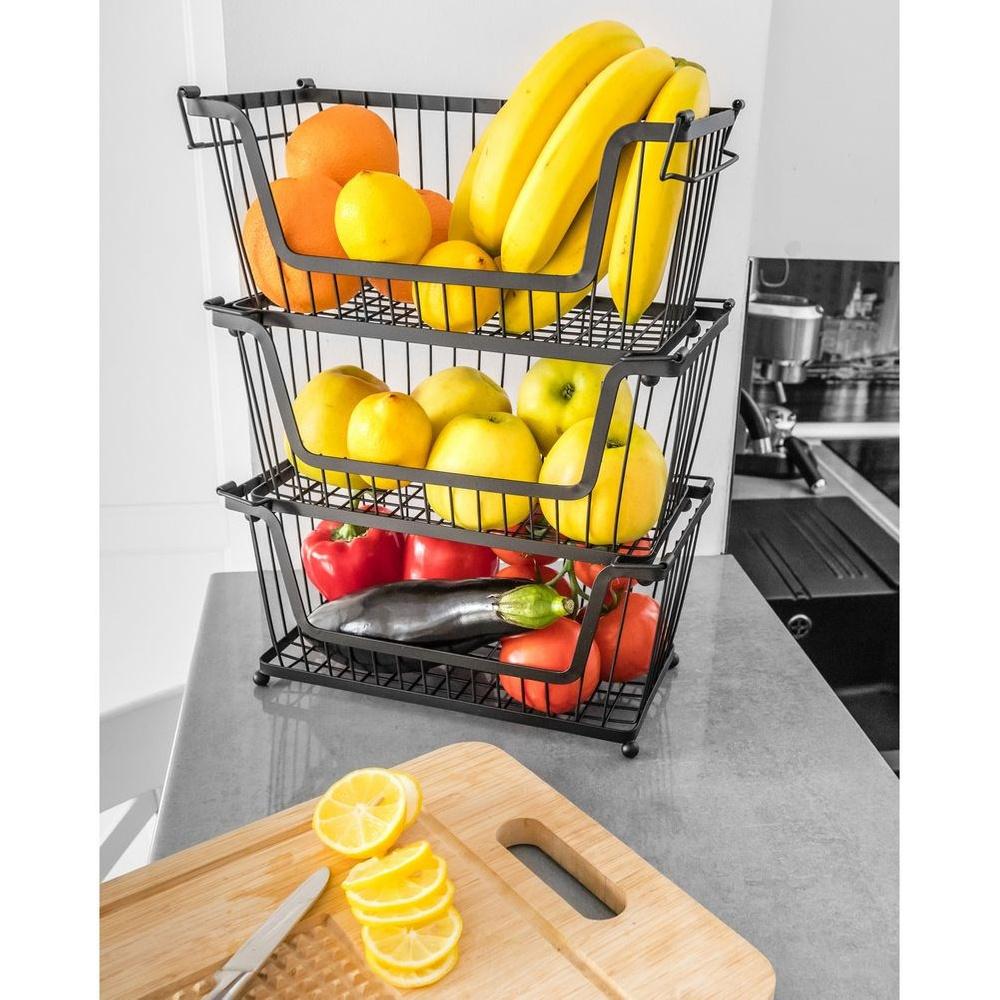 Fruit And Vegetable Basket, Metal, Black, Stackable, Kitchen, 31X17.5X15.5Cm