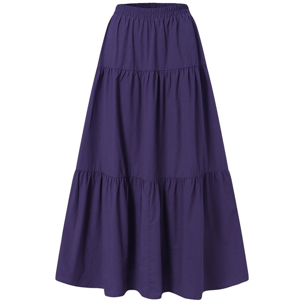 Women's Casual Long Skirts Solid Color Pleated Big Hem Elastic Waist Loose Fit Skirts, Simple Style Bottoms