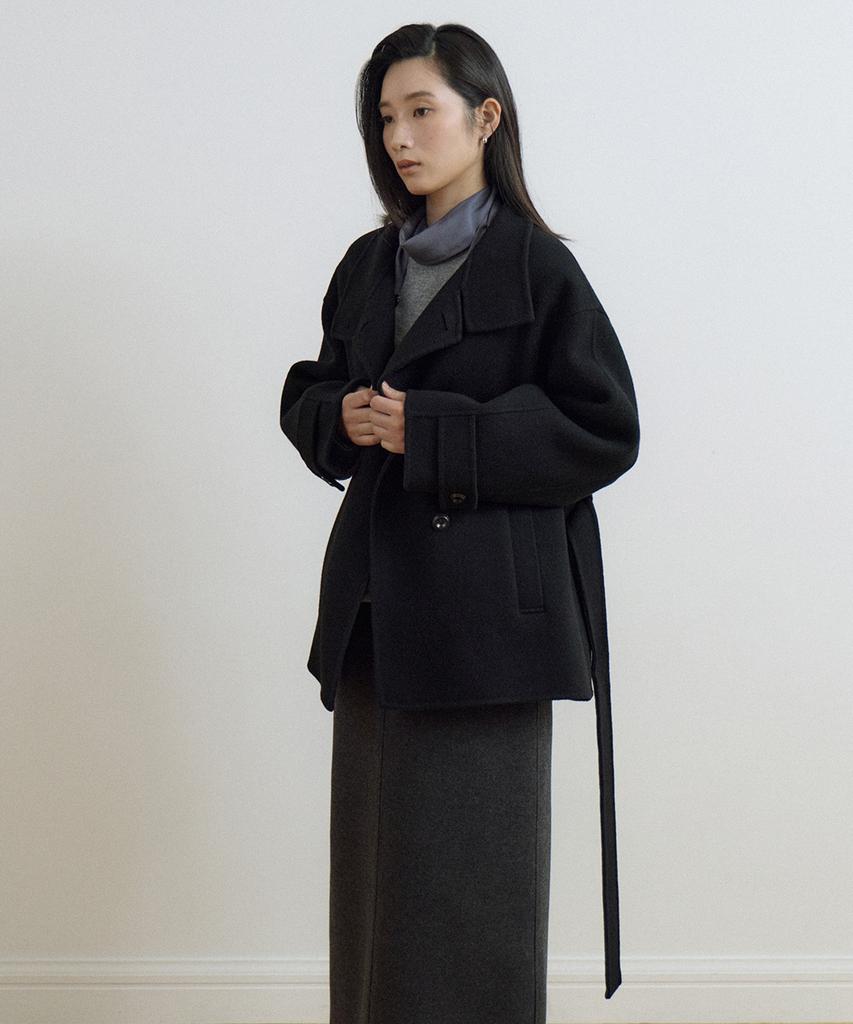 LINGSEOUL Handmade High Neck Half Coat-Black
