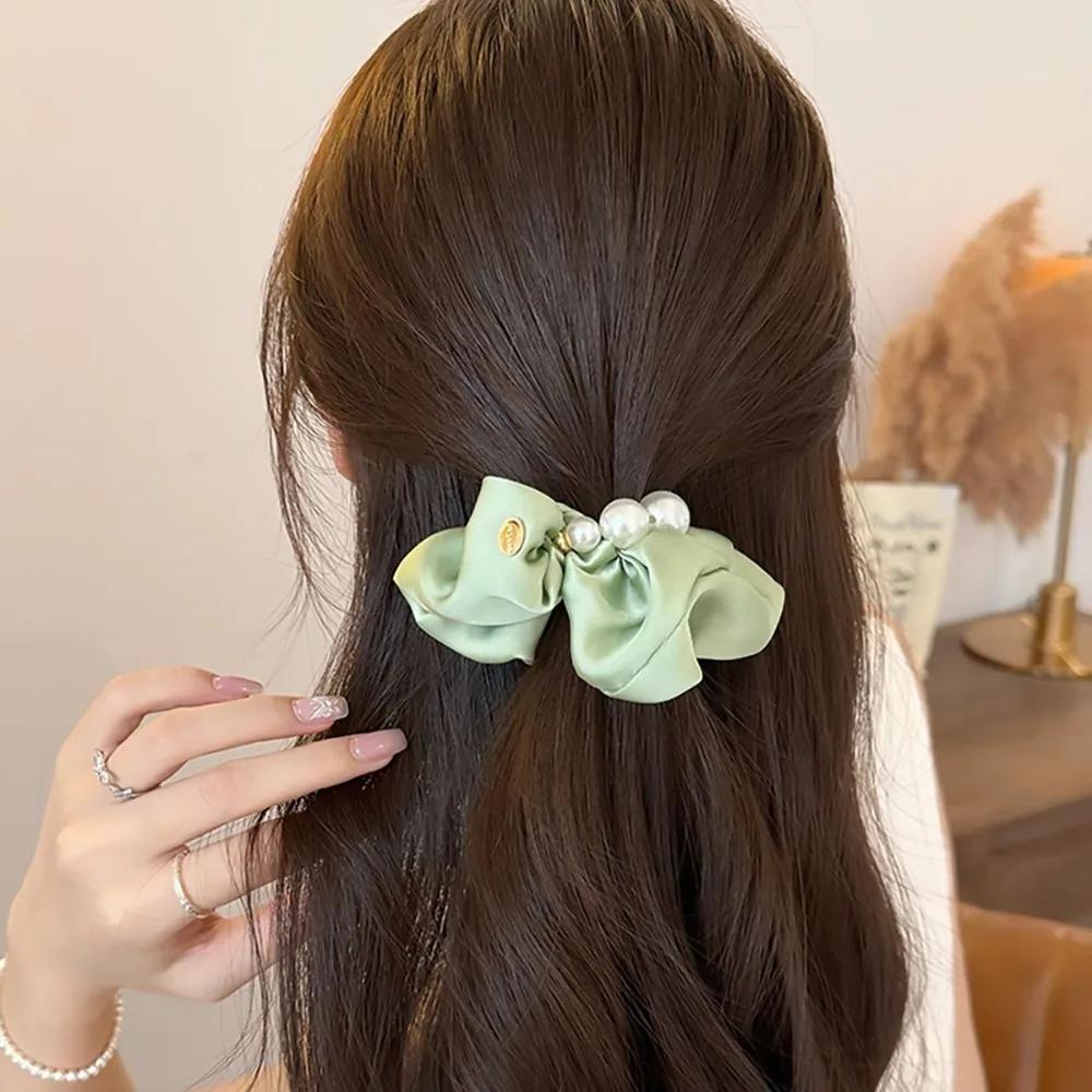 Cream Sea Blue Satin Pearl Border Large Intestine Headband Temperament Gentle Low Ponytail High-end Feeling Travel Rubber Band
