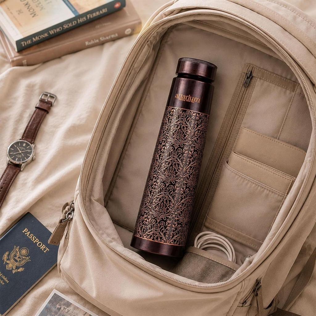 Copper Water Bottle 1 Litre Antique Floral Design Leak Proof