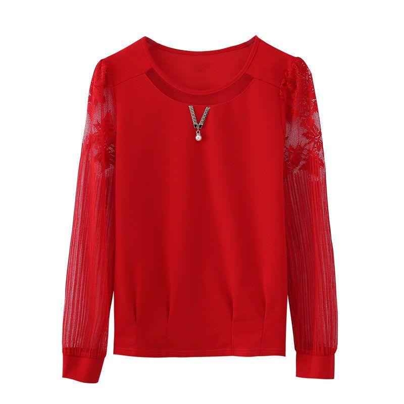 Košile s kulatým límcem, jednobarevná, krajková, jarní, podzimní oblečení, nové dámské spodní tričko, šifonový top, s dlouhým rukávem, krátké tričko