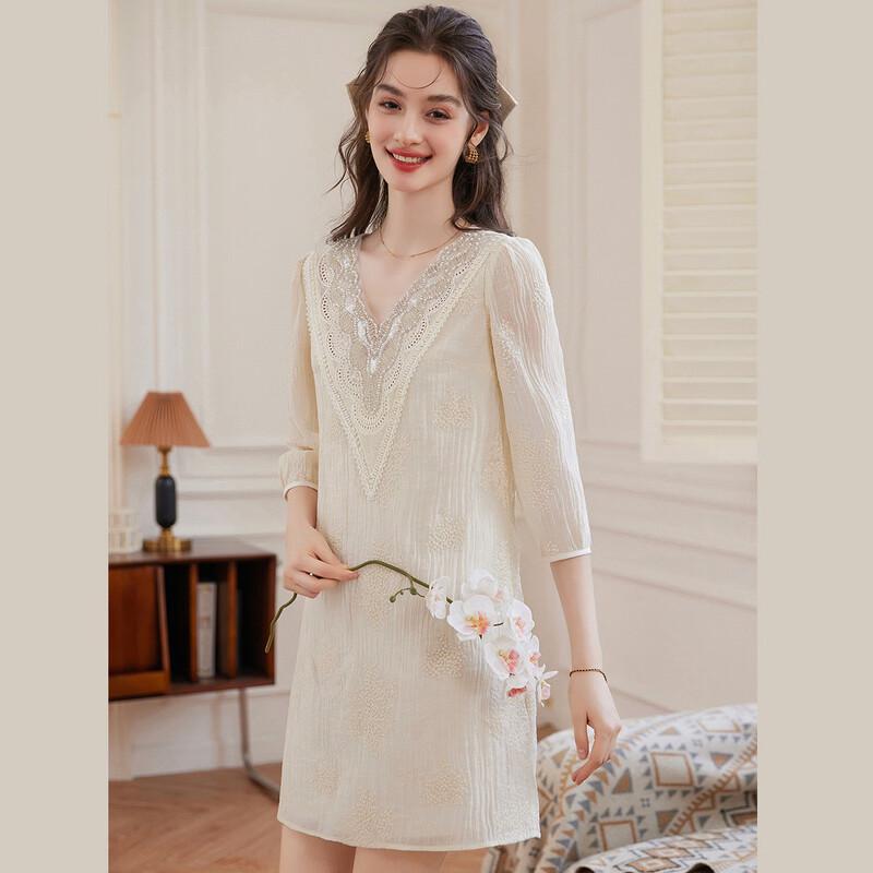 V-Neck Embroidered Lyocell Blend Mid-Length Dress