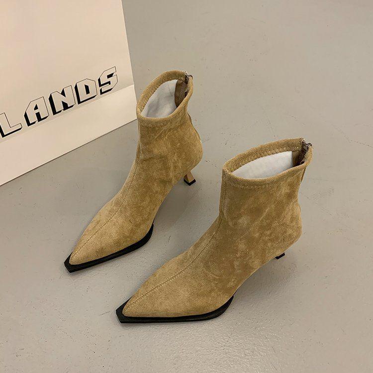 

Elastic Pointed Toe Ankle Boots - 2025 Autumn/Winter Slim Suede Chelsea Martin High Boots Size 40, Heel Height 6.5cm