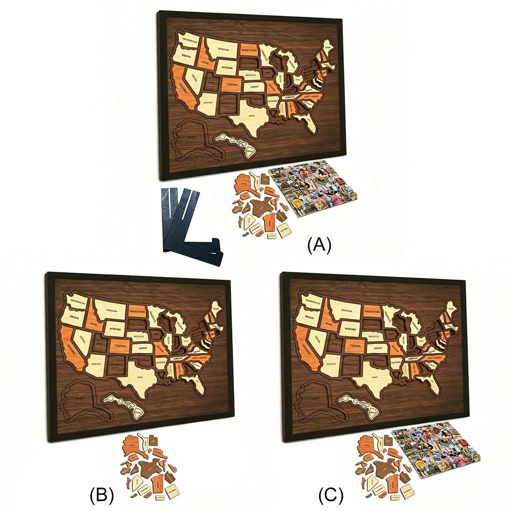 Wooden USA Maps Puzzle Reusable Landmarks Cork Travel Map Multi-Purpose Portable Wooden Puzzle for Home Decor Remarks
