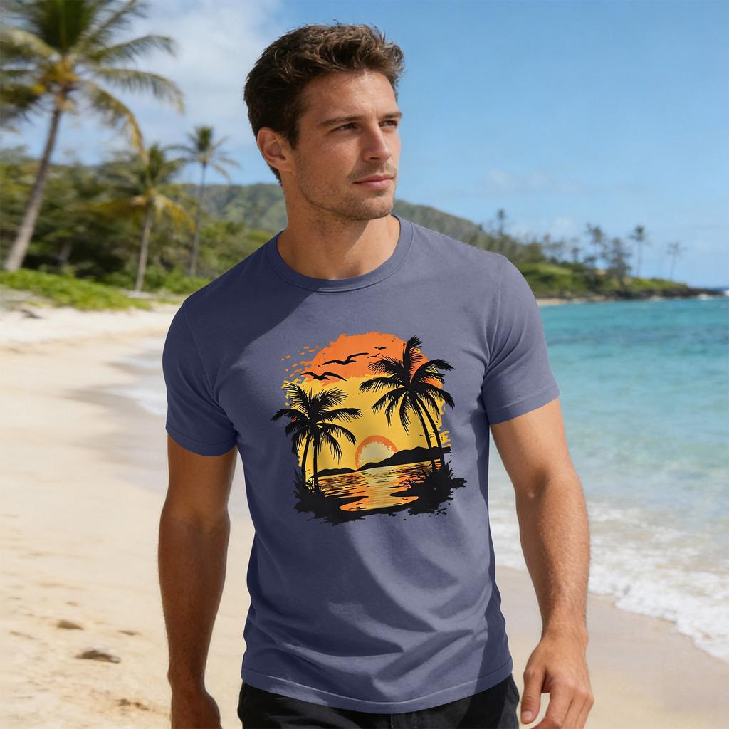 Top Masculino Estampa de Férias Gola Redonda Manga Curta Casual Esportivo