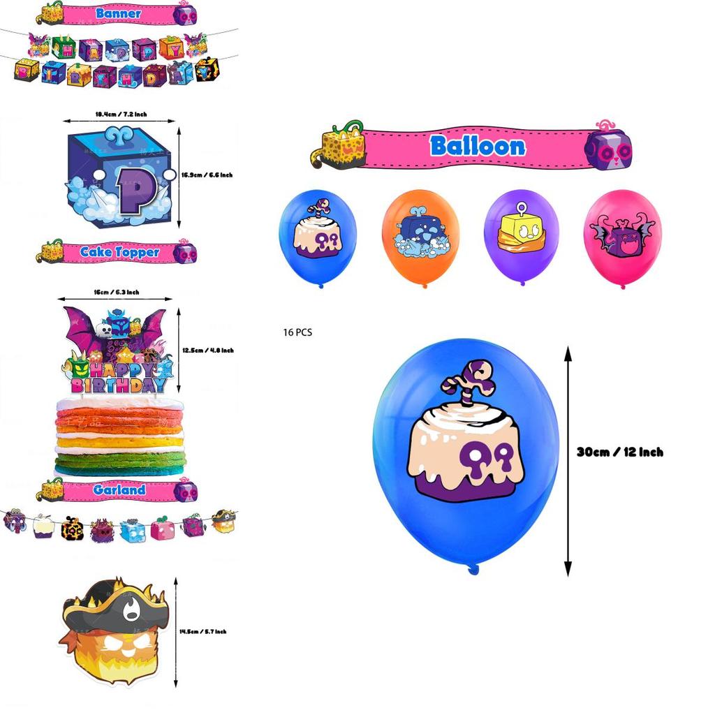 Blox Fruits Birthday Party Decor Game Box Set Paper Craft Printing Size Blox Fruits Set A 1 Flag 16 Balloons Blue 4 Orange 4 Purple 4 Magenta) 1