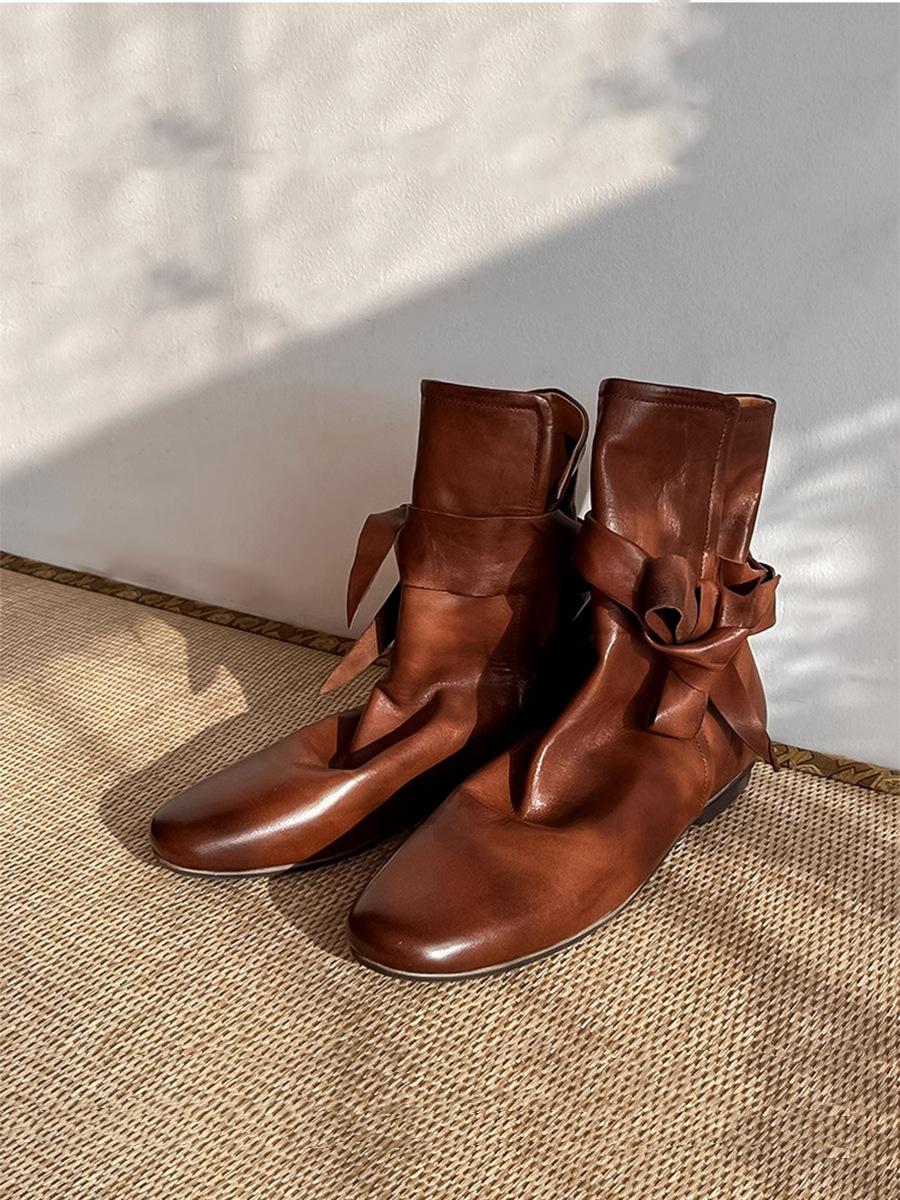 

Cowhide new public polish color British Martin boots women s autumn and winter Chelsea short boots bow flat bottom pleated pile boots 40