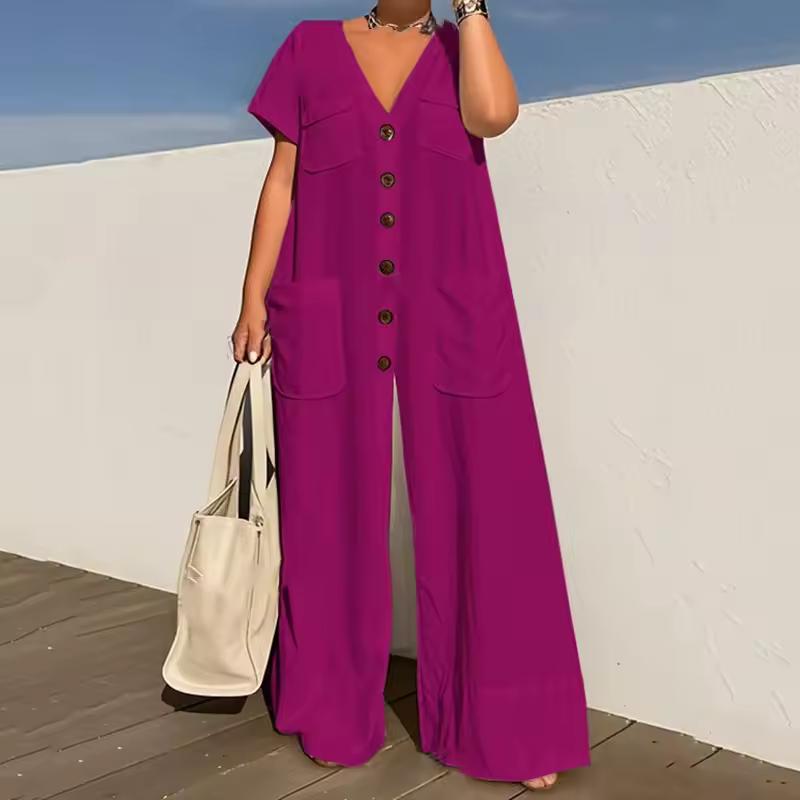 

Summer V-neck Single-breasted Women s Jumpsuits Pocket Elegant Office Rompers Casual Loose Oversized Women Jumpsuit XXL фіолетовий