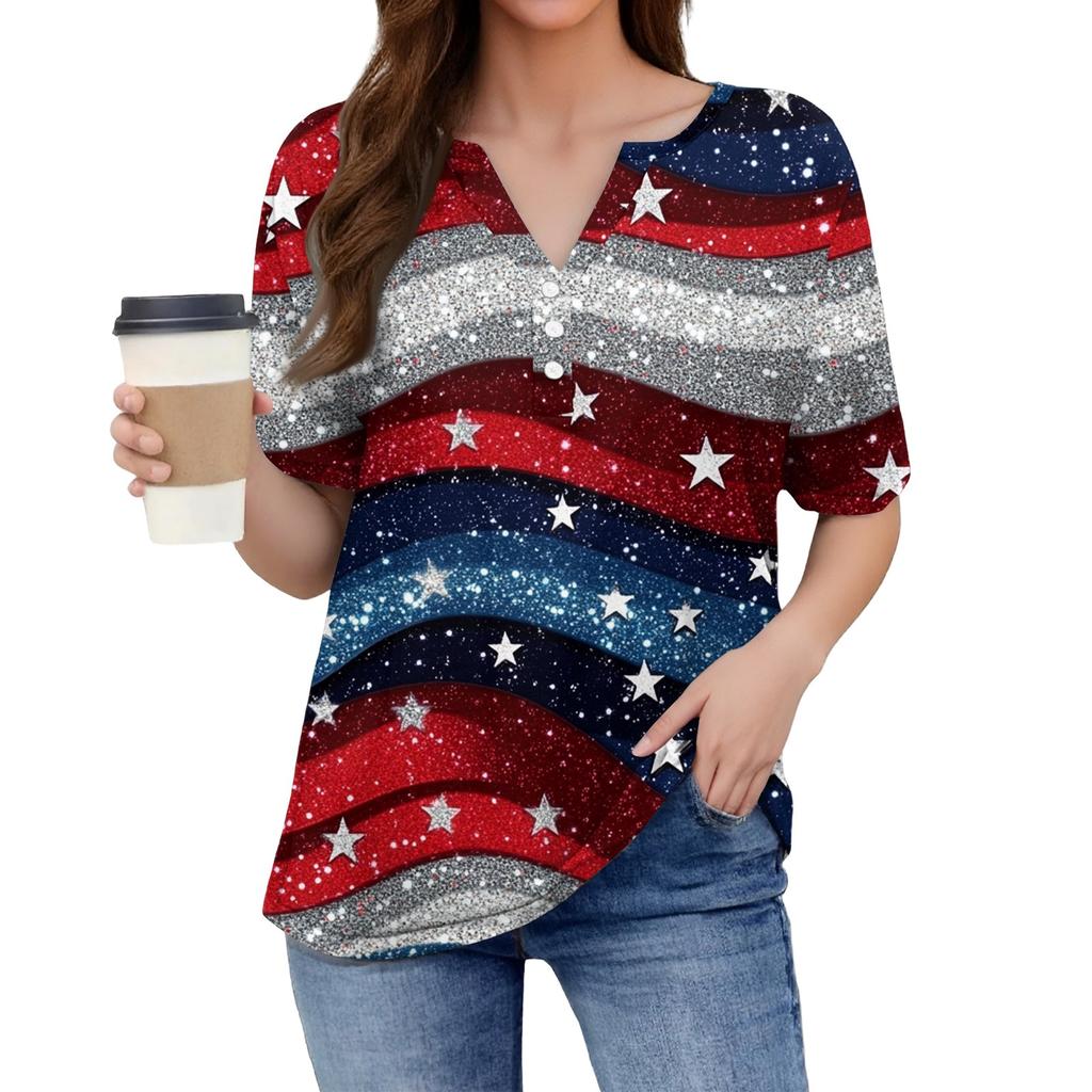 Women's T Shirt Print Button Short Sleeve Daily Weekend Fashion Basic V- Neck Regular Top