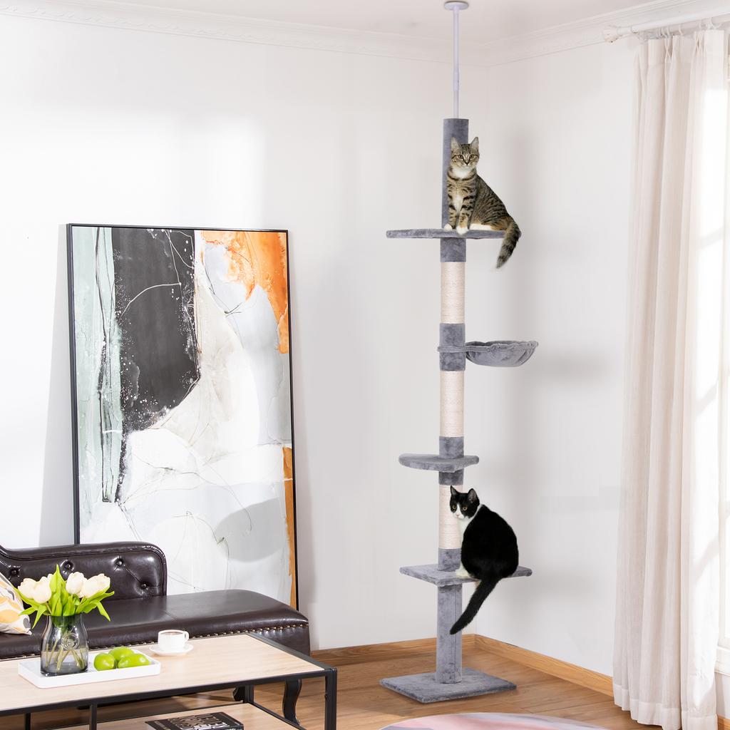 Floor to Ceiling Cat Tree 230-260cm Height Adjustable, 5-Tier Cat Tower with Scratching Posts, Hammock, Perches
