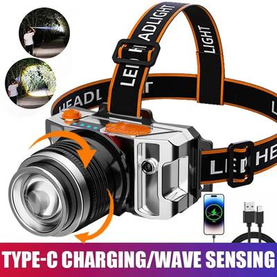 Potente Lampada Frontale a LED a Induzione 4 Modalità di Illuminazione Ricarica Type-C Torcia Frontale Impermeabile da Esterno Lampada Frontale per Campeggio Pesca