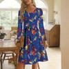 Women's Fashionable Retro Printed Color Blocked Waist Belt Casual Long Sleeved Dress
