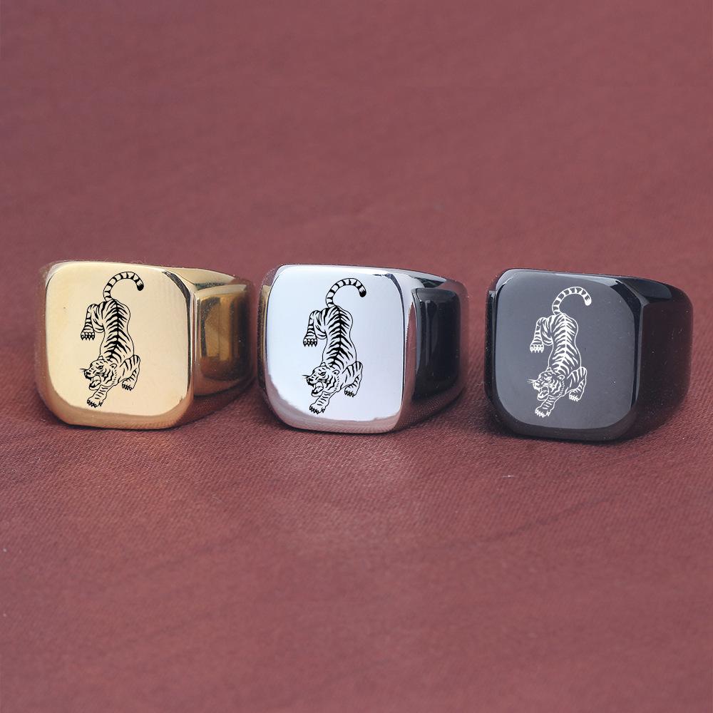 Retro European-American Style 18MM Laser Engraved Tiger Stainless Steel Ring for Women