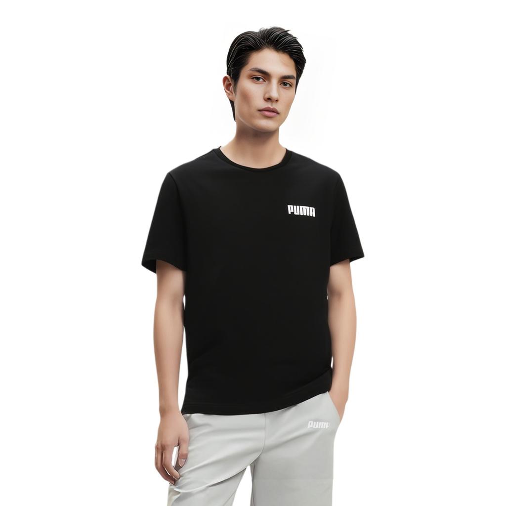 Puma Nadruk z logo Casualowa bawełniana koszulka z okrągłym dekoltem Męskie topy Czarna 671260-01