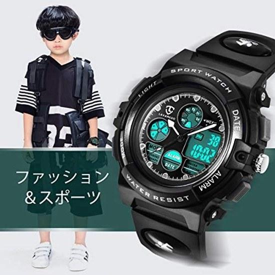 Childrens wristwatch boys sports watch outdoor multifunctional 50m waterproof alarm date day display dual time LED analog digital (black)