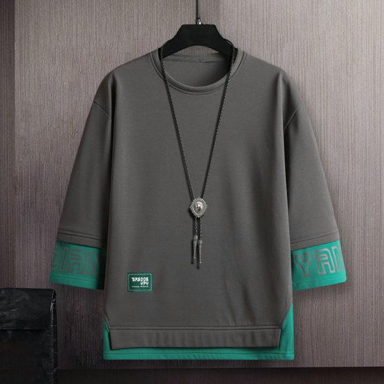 O-Neck 3/4 Sleeve Men Tops Letter Print Elastic Sweat Absorbing Breathable Hip Hop Style Fake Two Pieces T-shirt Streetwear
